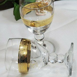 2 Italian Gold Greek Key Banded Wine Glasses 5.2" J Preziosi hand crafted glass